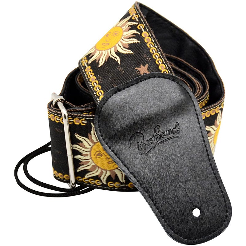 BestSounds C-150 Leather Adjustable Guitar Strap, Sun Jacquard Weave For Bass Electric and Acoustic Guitars, Black - Image 1